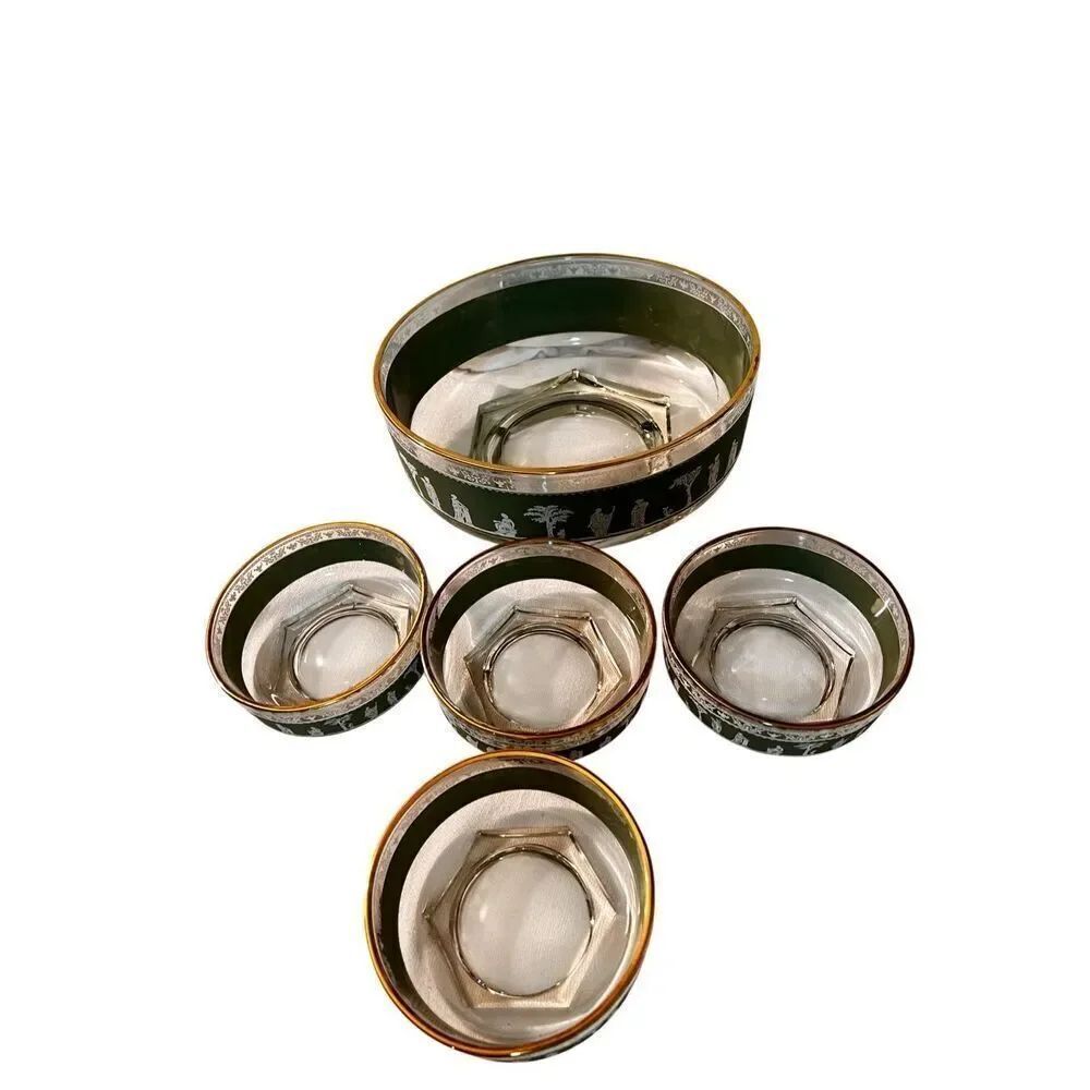 Vintage Jeanette HELLENIC GREEN WEDGEWOOD GREEK Glass Bowl Set